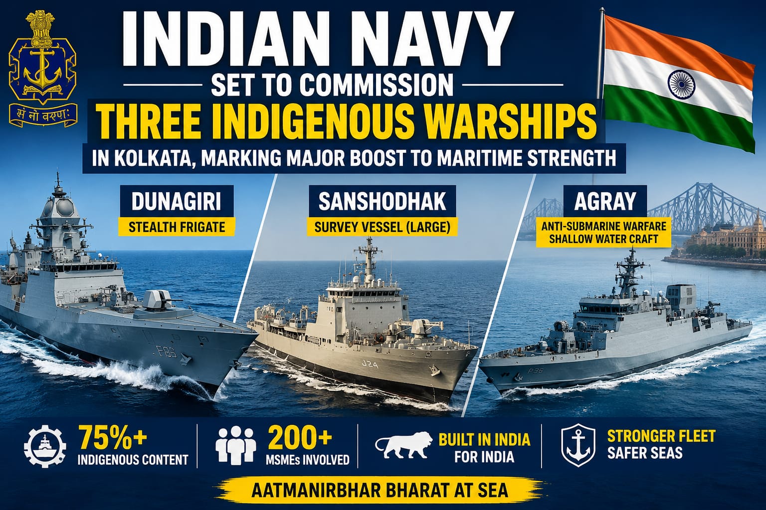 Indian Navy Set to Commission Three Indigenous Warships in Kolkata, Marking Major Boost to Maritime Strength