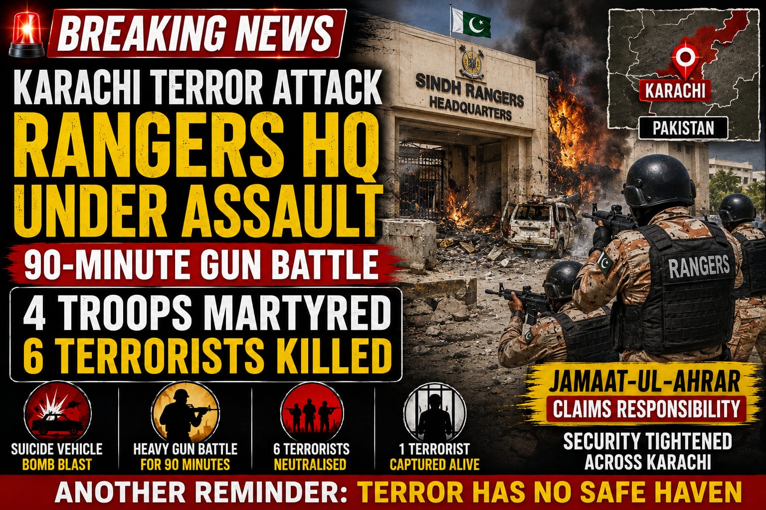 Terror Attack on Pakistan Rangers Headquarters in Karachi Leaves Four Troops, Six Militants Dead