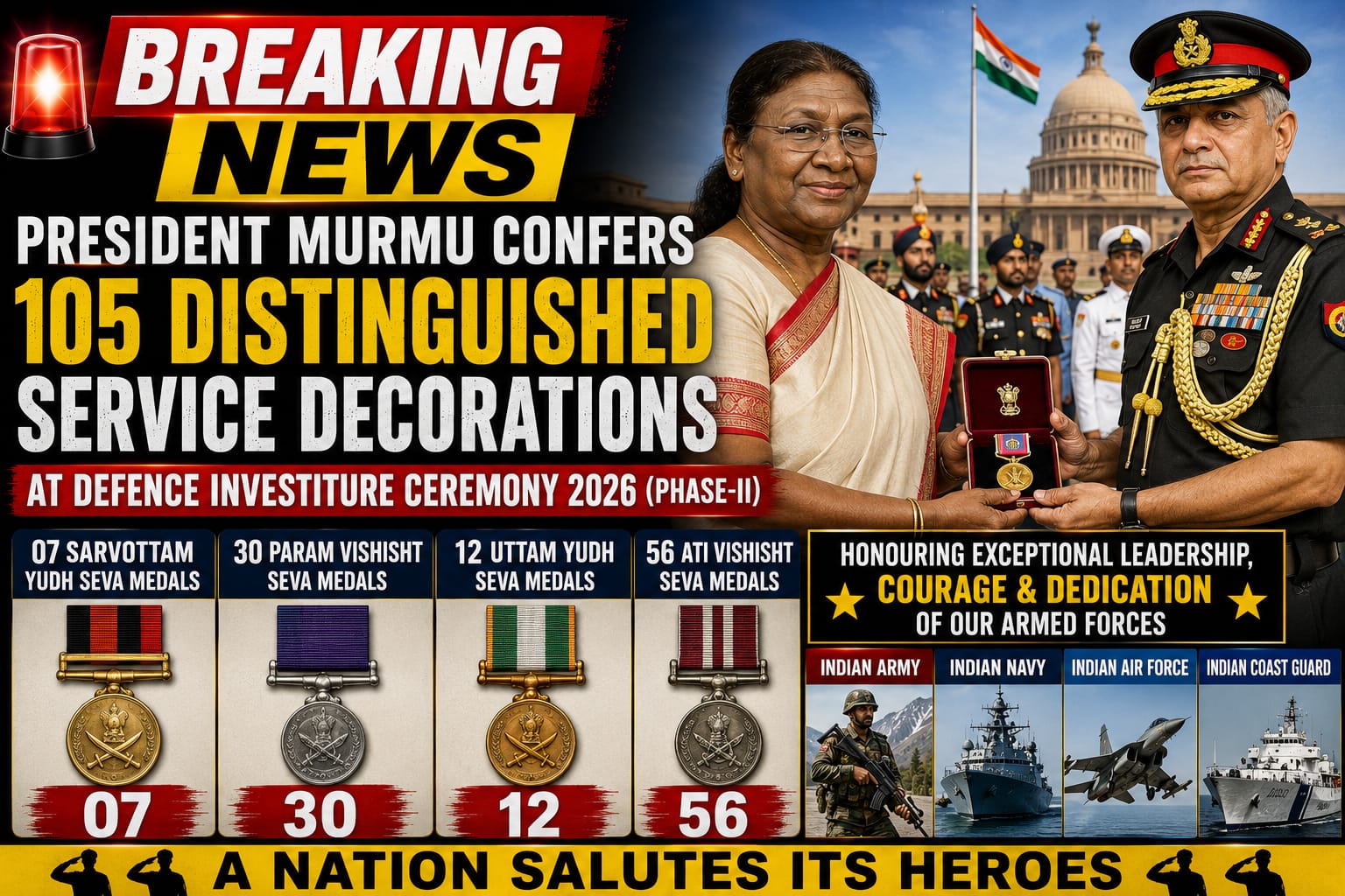 President Murmu Confers 105 Distinguished Service Decorations at Defence Investiture Ceremony 2026 (Phase-II)