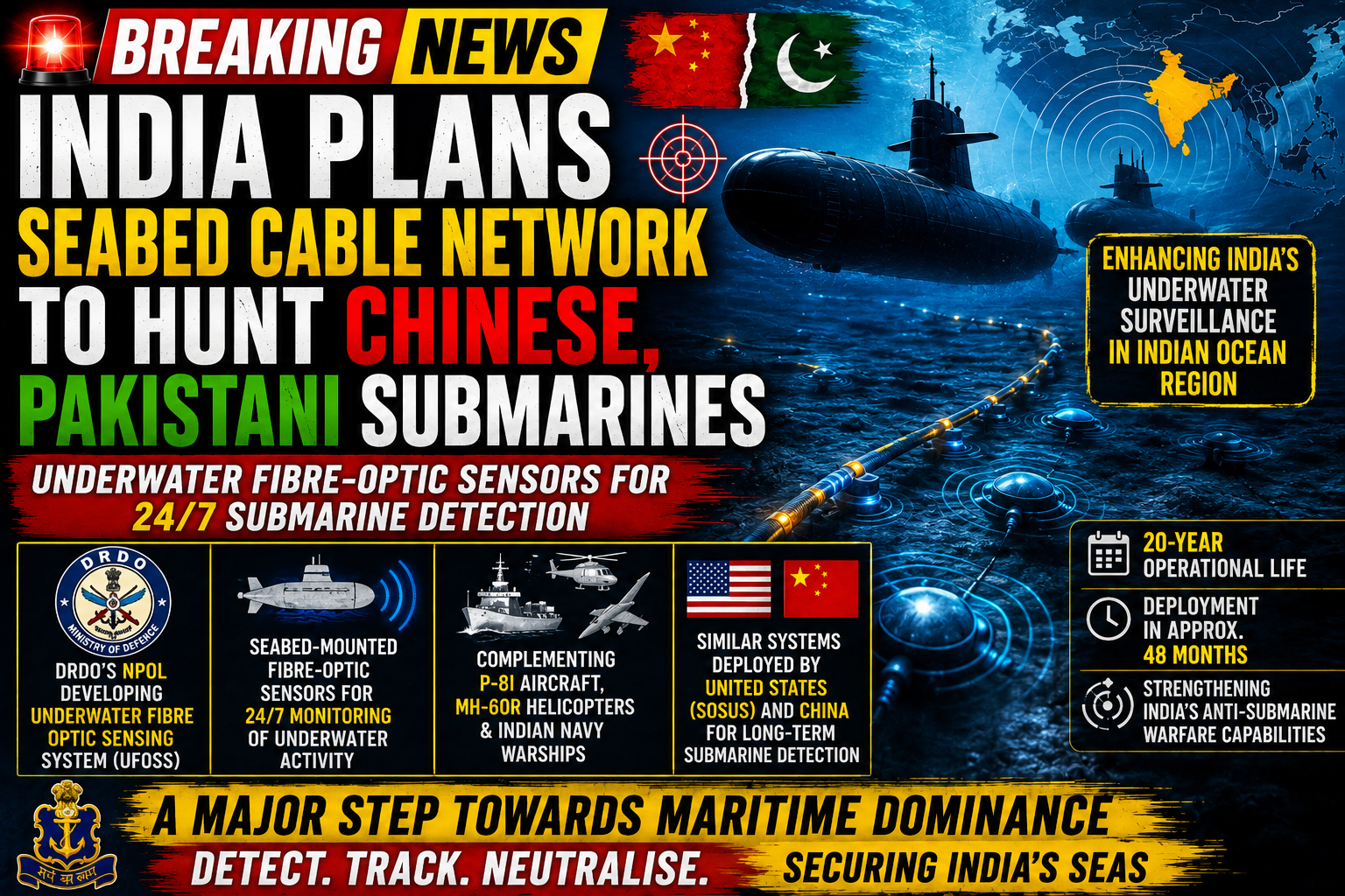 India Plans Underwater Fibre-Optic Sensor Network to Track Chinese & Pakistani Submarines