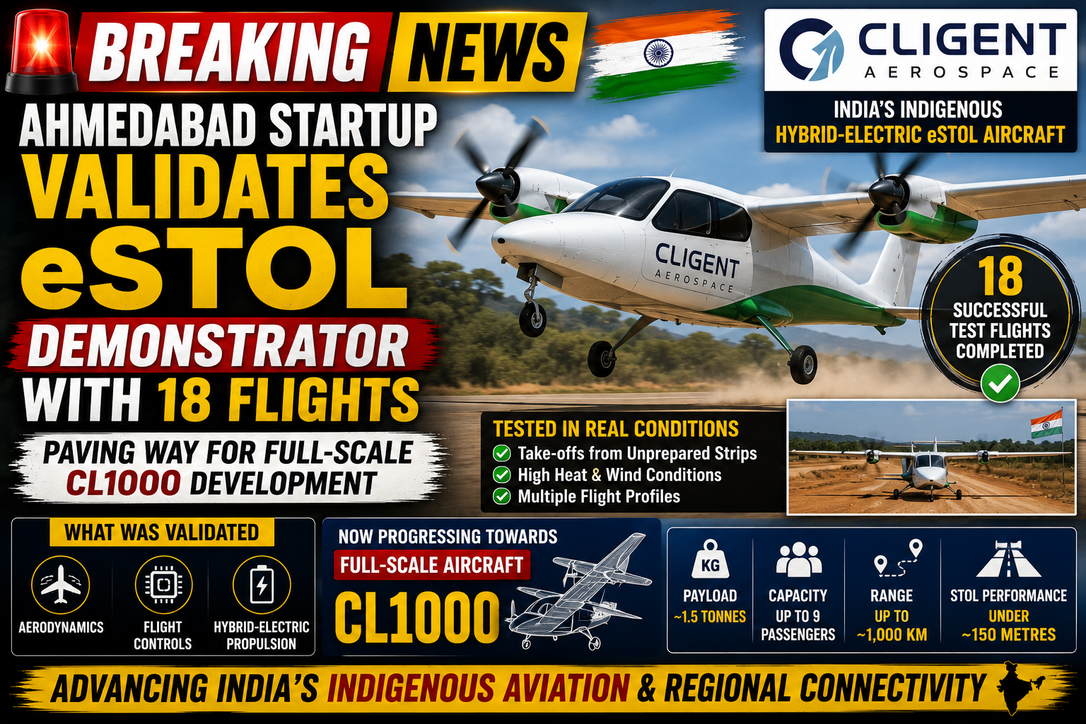 Indian Startup Successfully Tests Hybrid-Electric eSTOL Aircraft Demonstrator, Moves Closer to Full-Scale CL1000