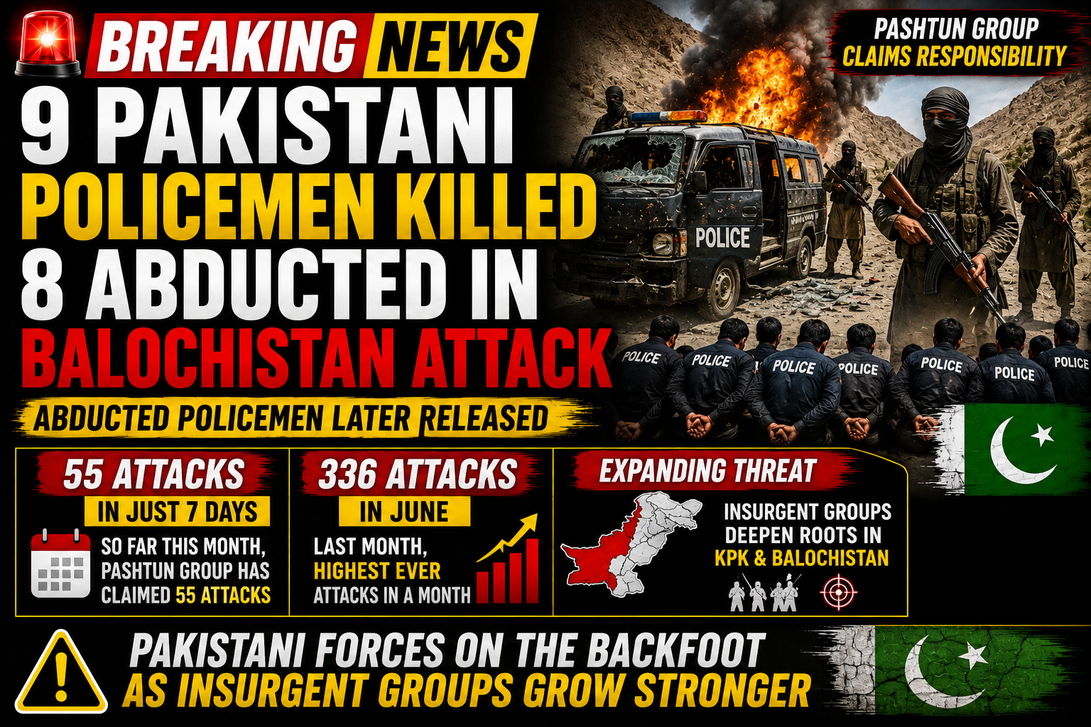 Nine Pakistani Policemen Killed in Balochistan Attack; Eight Abducted and Later Released