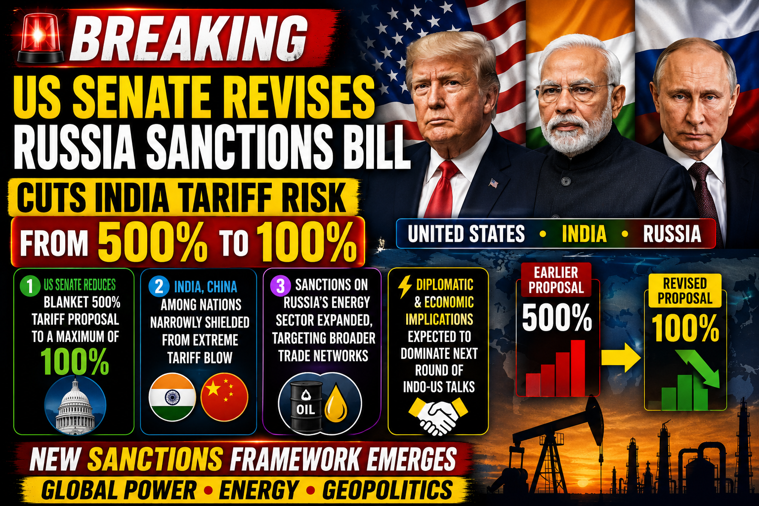 US Senate Revises Russia Sanctions Bill; Proposed Tariff on Russian Oil Buyers Reduced from 500% to 100%
