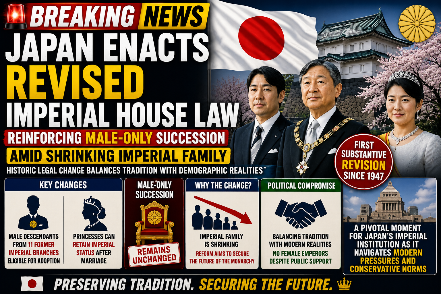 Japan Revises Imperial House Law to Secure Royal Succession, Retains Male-Only Throne