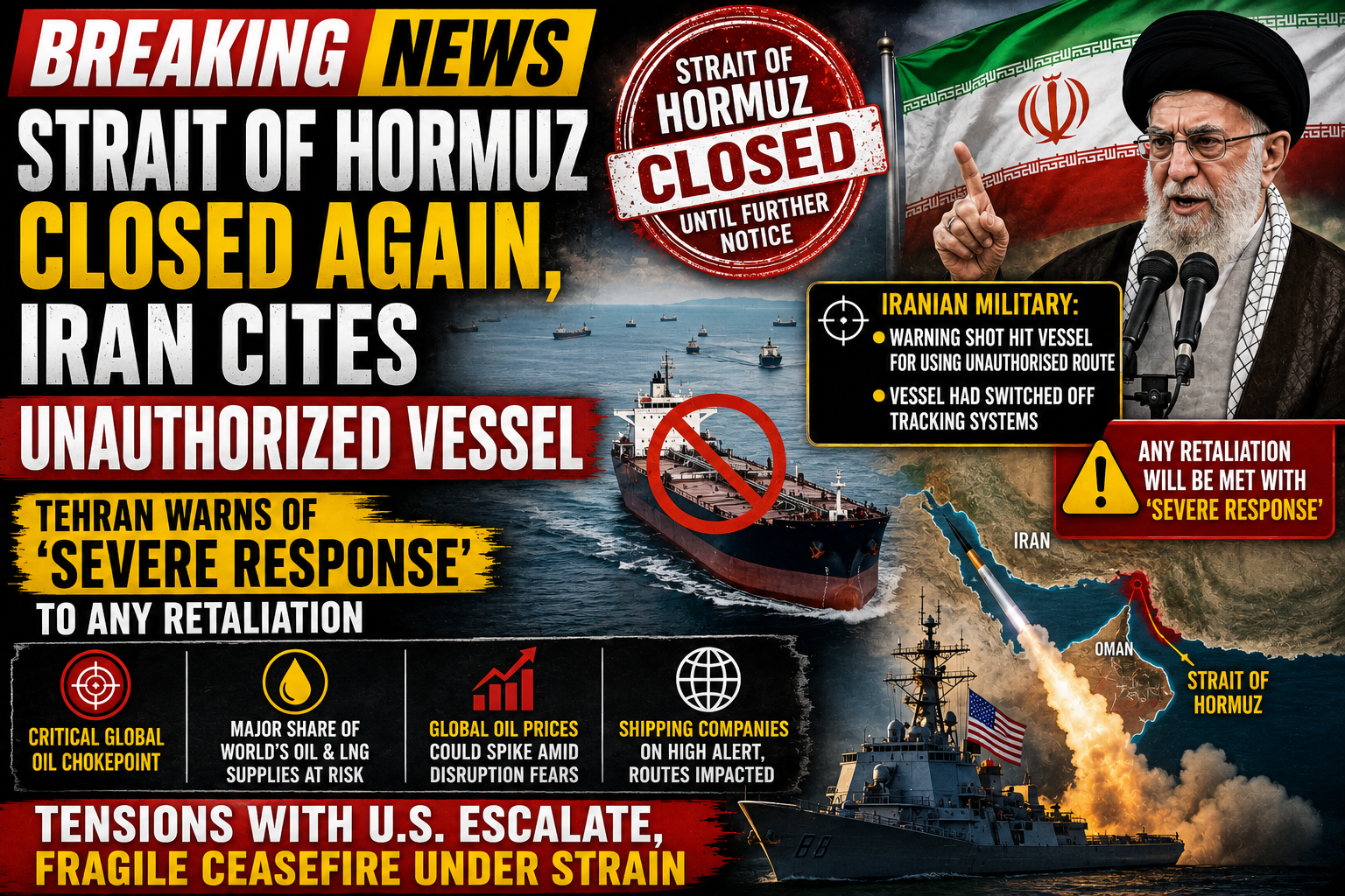 Iran Re-Closes Strait of Hormuz After Maritime Incident, Warns of 'Severe Response' to Any Retaliation