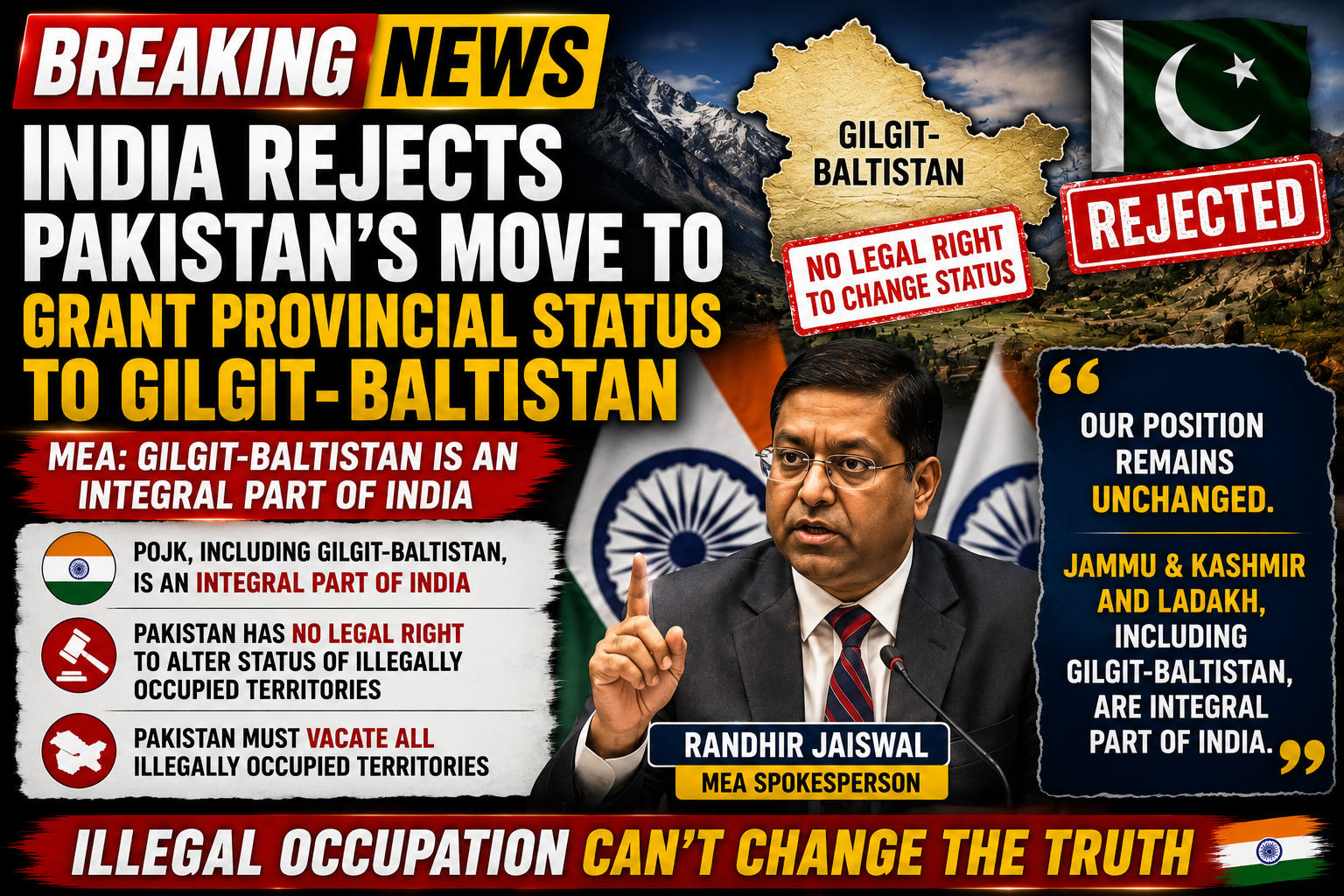 India Rejects Pakistan's Reported Move to Grant Provincial Status to Gilgit-Baltistan