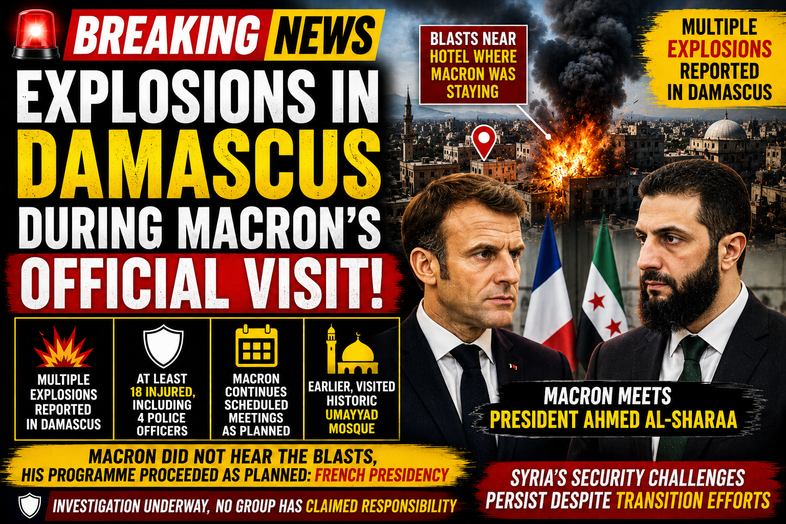 Explosions Rock Damascus During Macron's Historic Syria Visit; French President Continues Official Programme