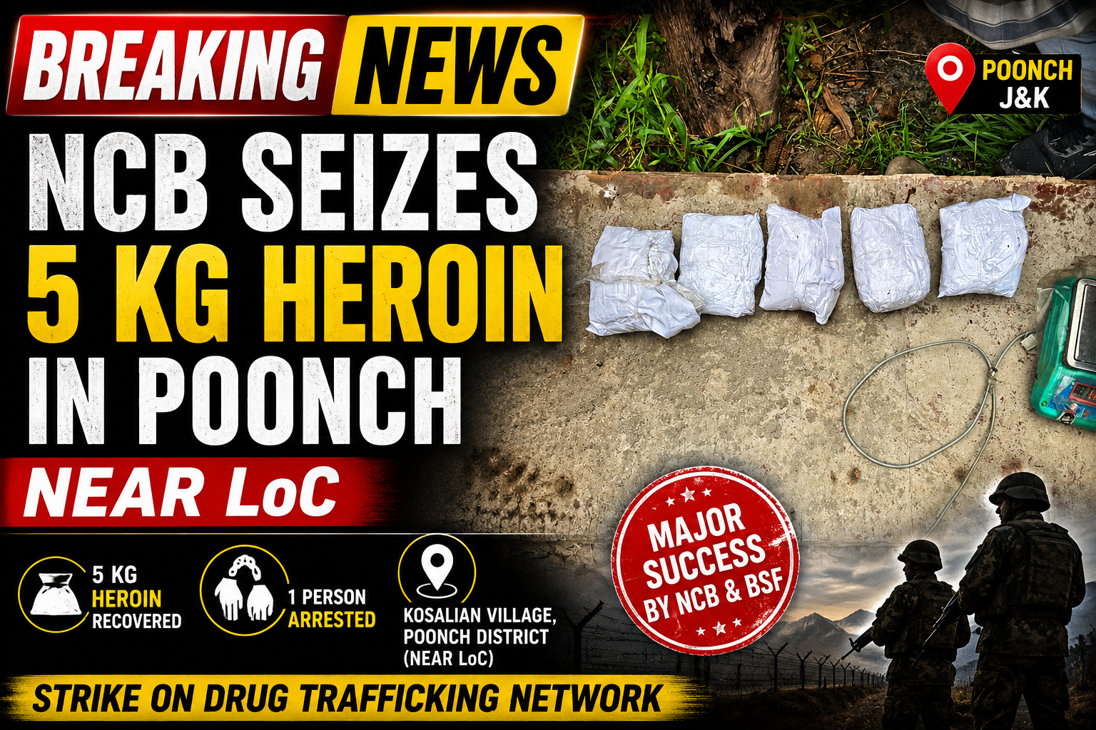 NCB Seizes 5 kg Heroin Near LoC in Poonch; One Arrested
