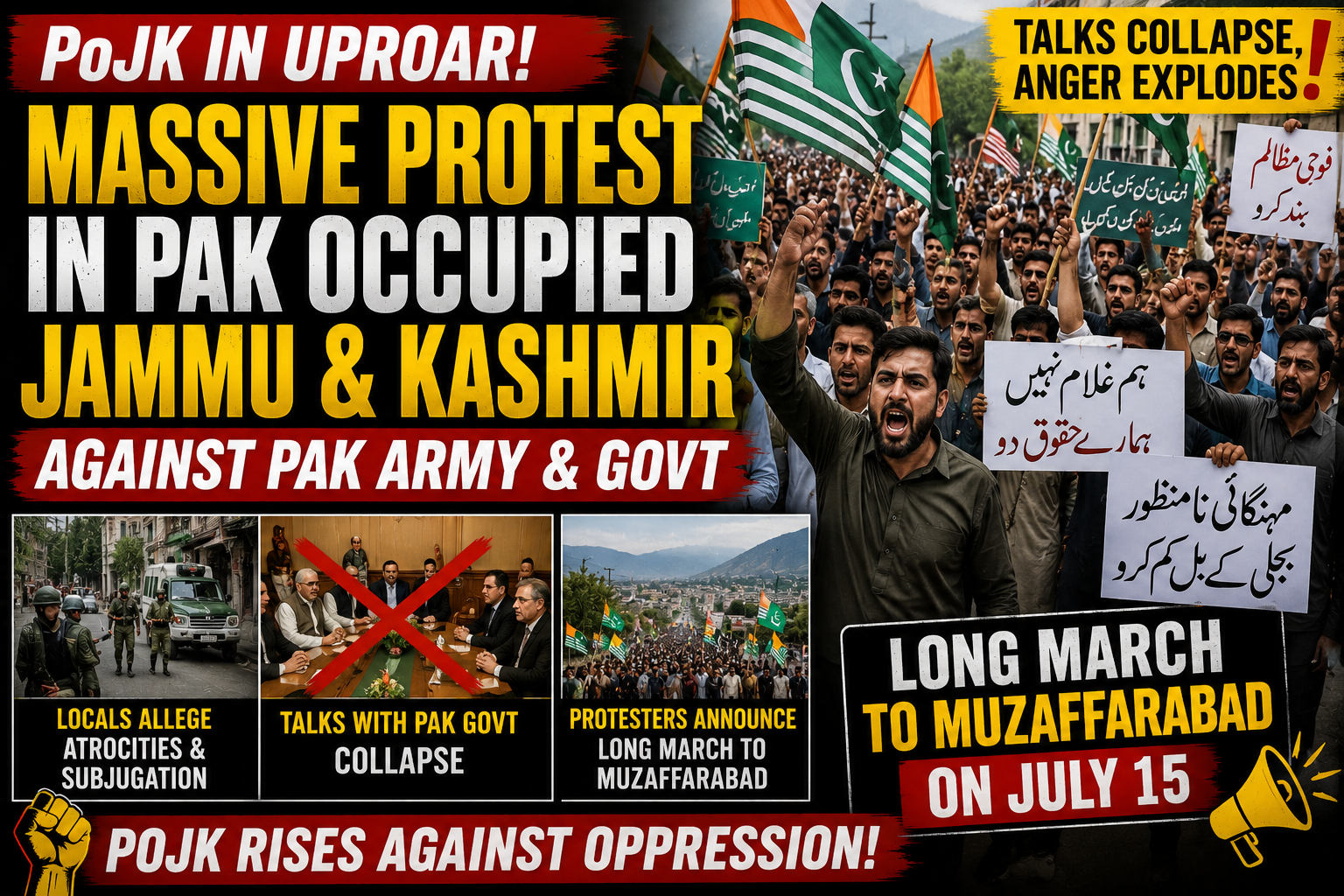 Protests Intensify in PoJK as Talks with Pakistan Government Collapse; 'Long March' to Muzaffarabad Announced