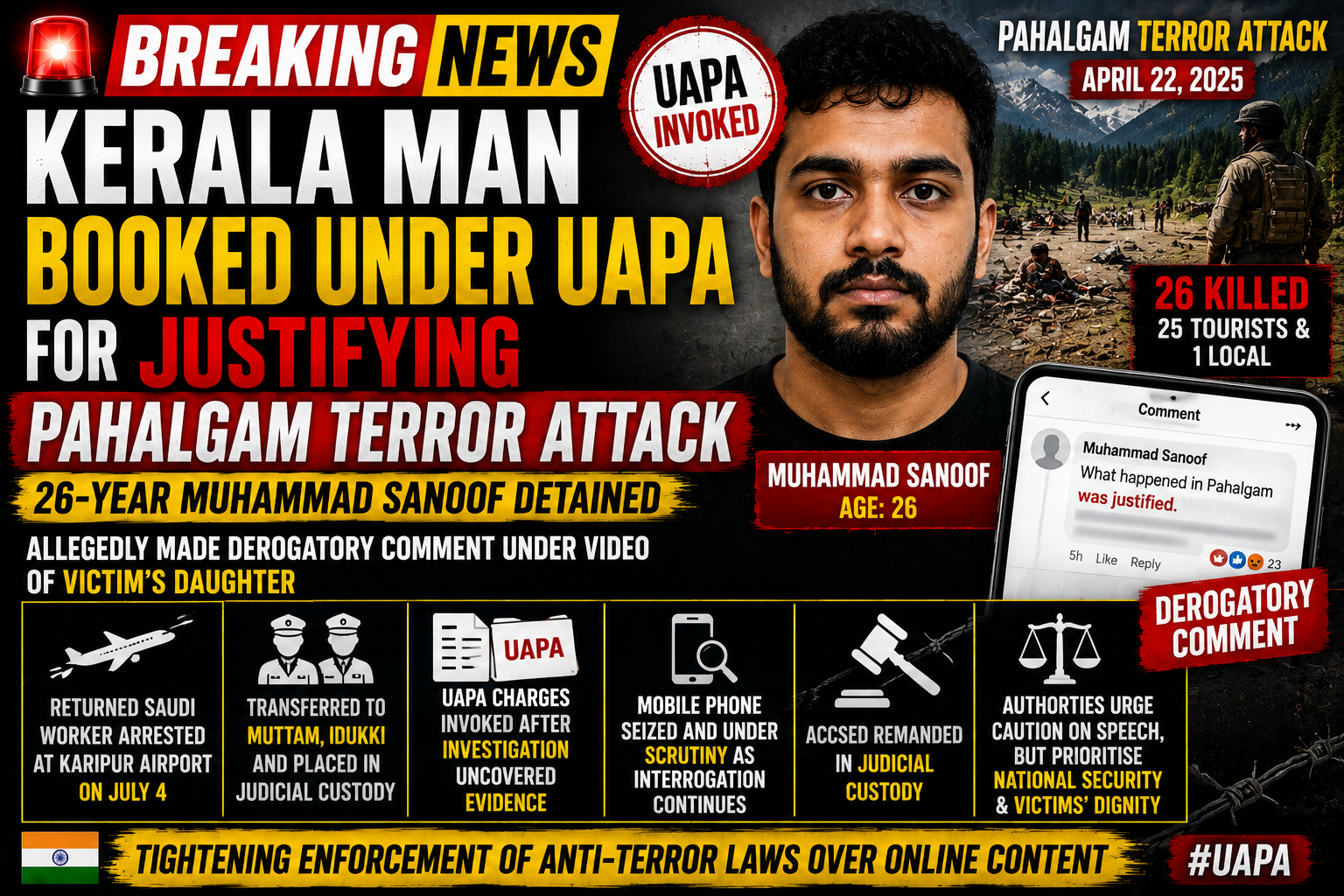 Kerala Man Booked Under UAPA for Allegedly Justifying Pahalgam Terror Attack in Social Media Comment