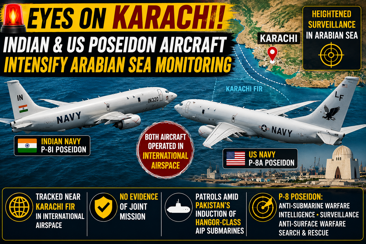 Indian and US Navy Poseidon Aircraft Intensify Maritime Surveillance Near Karachi Amid Rising Arabian Sea Activity