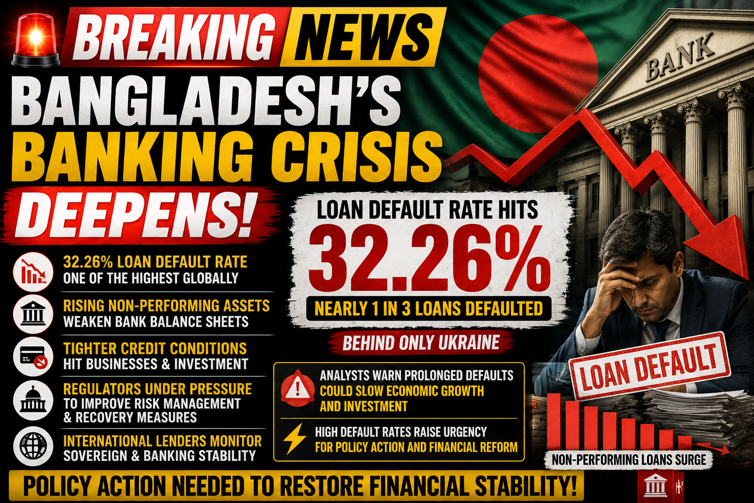 Bangladesh's Banking Crisis Deepens as Loan Default Rate Climbs to 32.26%