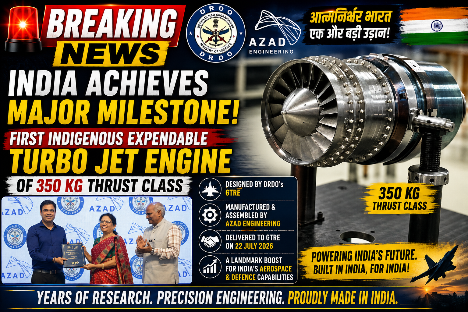 DRDO Develops India's First Indigenous 350 kg Thrust Expendable Turbo Jet Engine