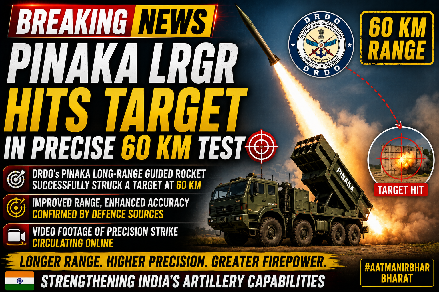 DRDO Successfully Demonstrates Pinaka Long-Range Guided Rocket, Accurately Strikes Target at 60 km