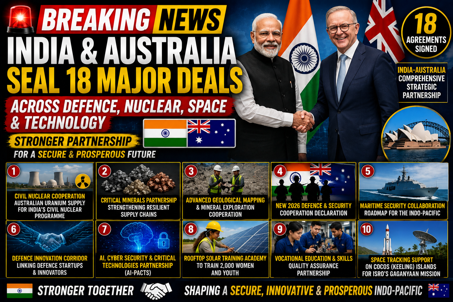 India and Australia Sign 18 Agreements to Deepen Strategic Partnership Across Defence, Nuclear Energy, Space and Technology