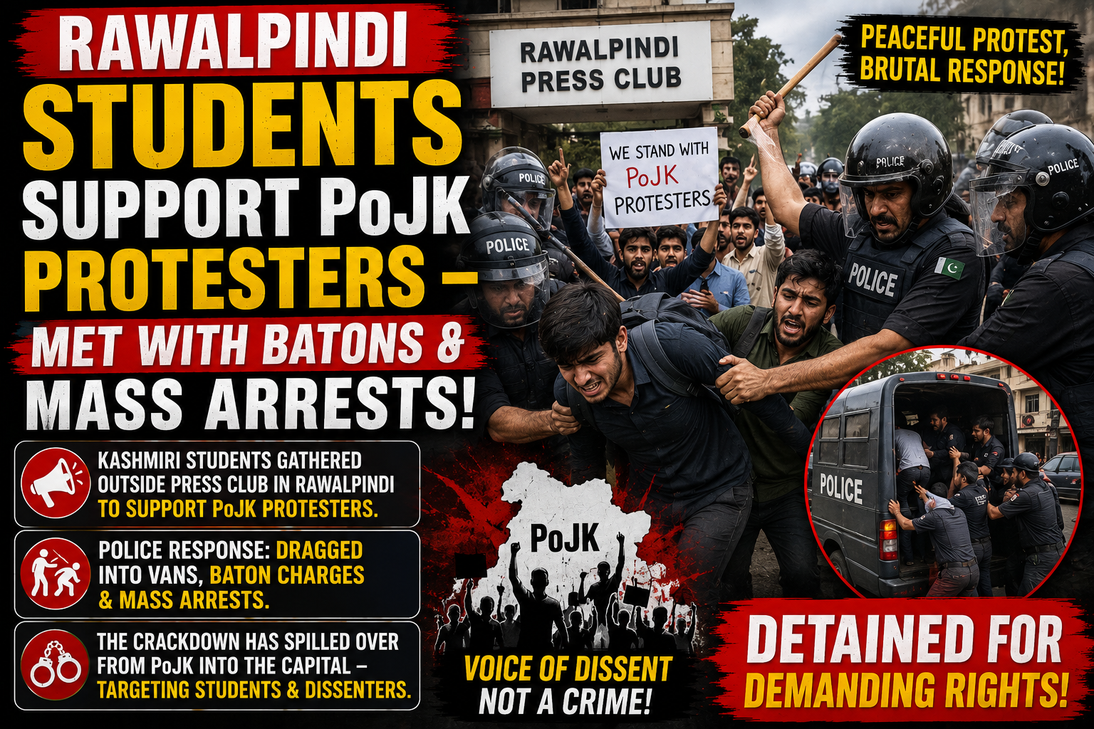 Rawalpindi Students Detained After Rally in Support of PoJK Protesters; Reports of Baton Charge Surface