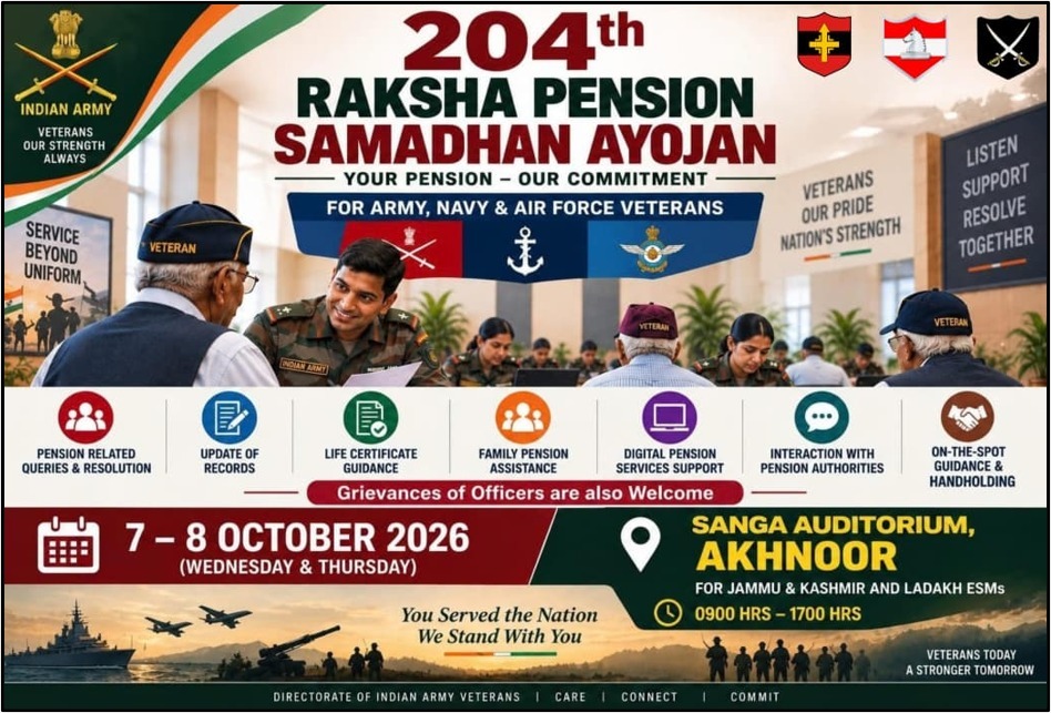 204th Raksha Pension Samadhan Ayojan to Be Held in Akhnoor for Defence Veterans